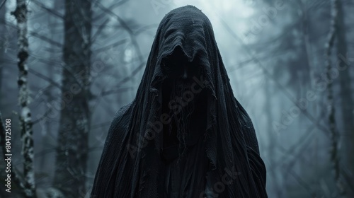 The Shadowed Specter: A Cinematic Tale of the Hooded Creature in Long Black Robes photo