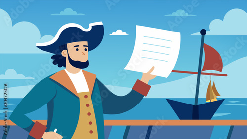 On a deck of a sailing ship a captain holds up a copy of the Declaration of Independence proclaiming its significance to his crew as they set sail for. Vector illustration