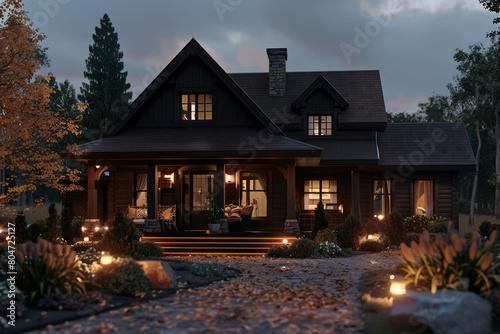 Full front view of a dark chocolate brown house with a cozy, covered front porch and warm, glowing lights.