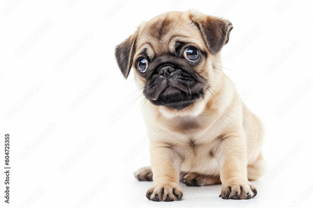 Scared little pug puppy looking away