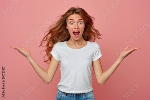 Shocked speechless woman with open mouth touching head isolated on pink background photo