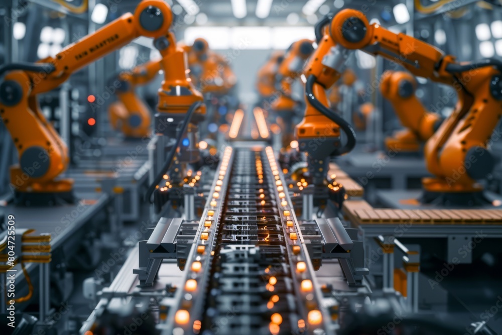 A detailed look at modern automated robotic arms engaged in the manufacturing process on a factory floor, showcasing the intersection of industry and technology