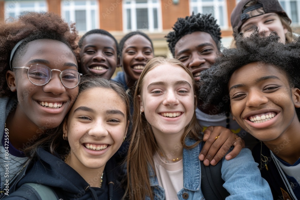 Group of young diverse friends taking a happy selfie outdoors with buildings in the background Group of young diverse friends taking a happy selfie outdoors with buildings in the background