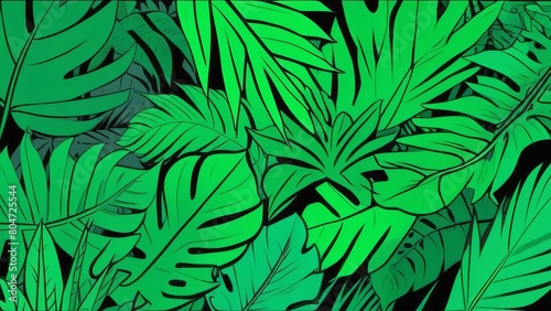 Graphic monstera leaves intertwine in shades of electric and emerald green