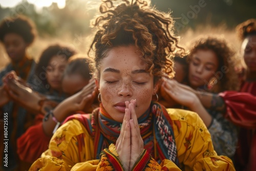 A group of people seeking spiritual connection through a meditation session outdoors