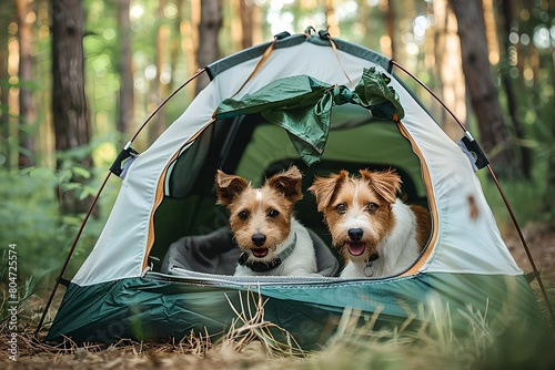 Two dogs in tent in forest. Summer travel, adventure and journey concept. Healthy active lifestyle and hiking trip. Design for banner, poster. Camping, campsite. Adorable puppies