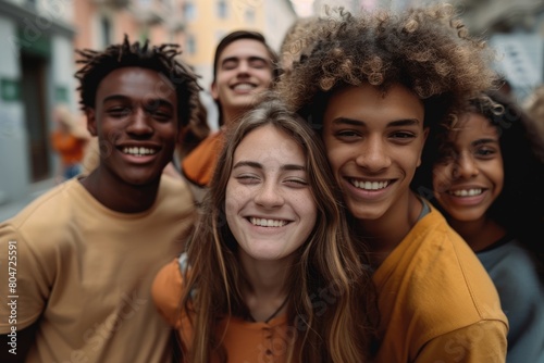 Closeup portrait of happy teenage friends with various expressions in an urban environment