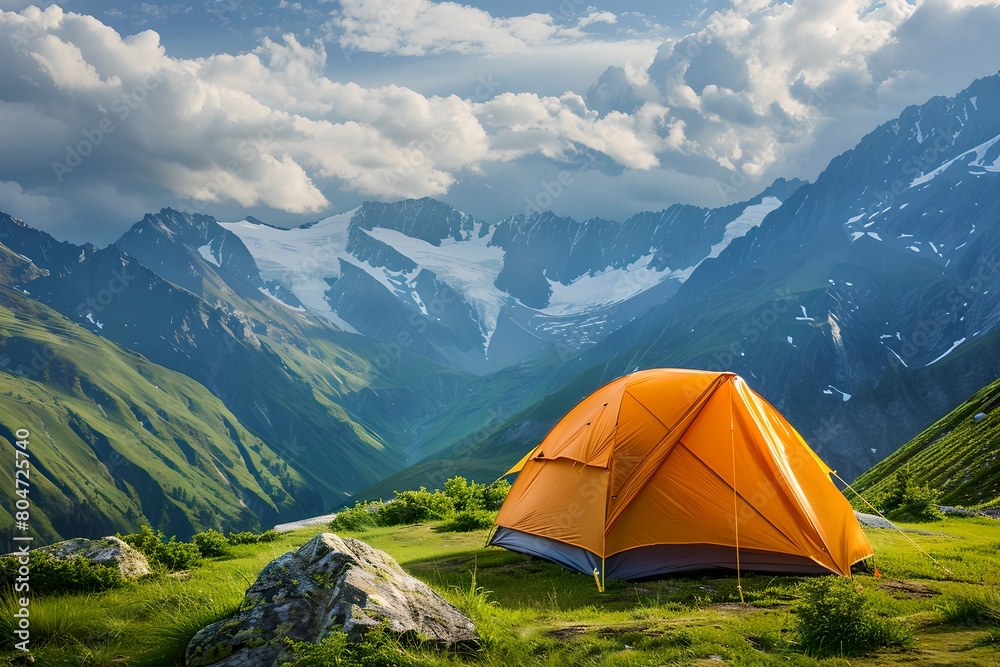 Yellow tent in mountain meadow landscape, camping. Summer travel, adventure and journey concept. Healthy active lifestyle and hiking trip. Design for banner, poster, wallpaper with copy space.