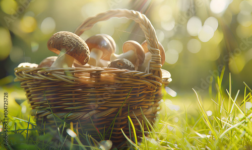 A wicker backet full of the many mushrooms put in the green forest. photo
