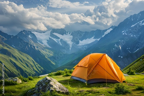 Yellow tent in mountain meadow landscape  camping. Summer travel  adventure and journey concept. Healthy active lifestyle and hiking trip. Design for banner  poster  wallpaper with copy space.