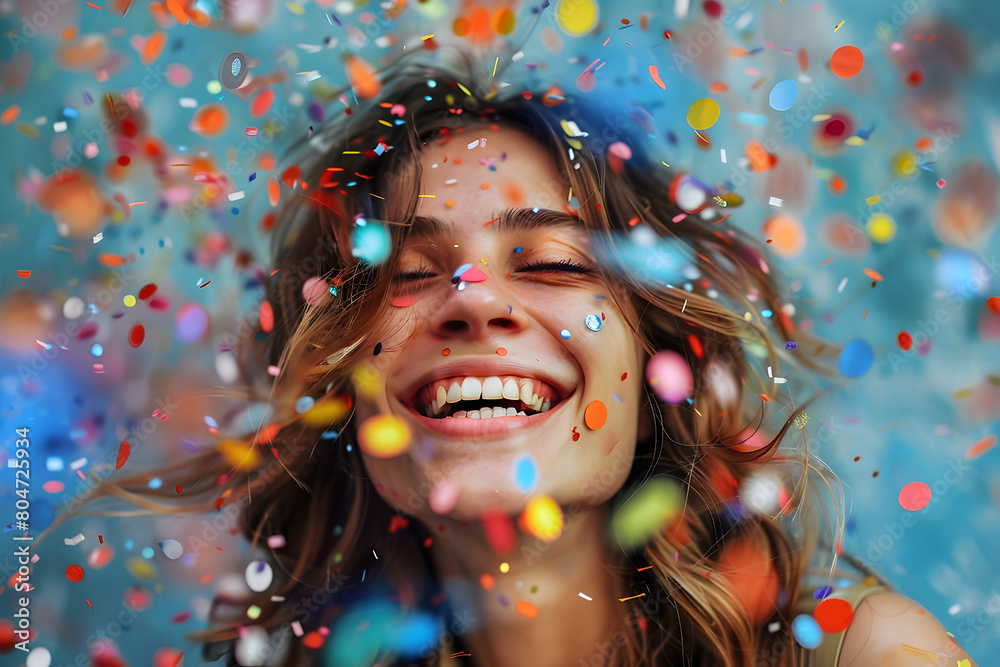 Enthusiastic Closeup of a Woman Engulfed in a Whirlwind of Brightly Colored Confetti, Her Eyes Sparkling with Happiness and the Air Around Her Buzzing with Celebration. Enthusiastic Closeup of a Woman Engulfed in a Whirlwind of Brightly Colored Confetti, Her Eyes Sparkling with Happiness and the Air Around Her Buzzing with Celebration.