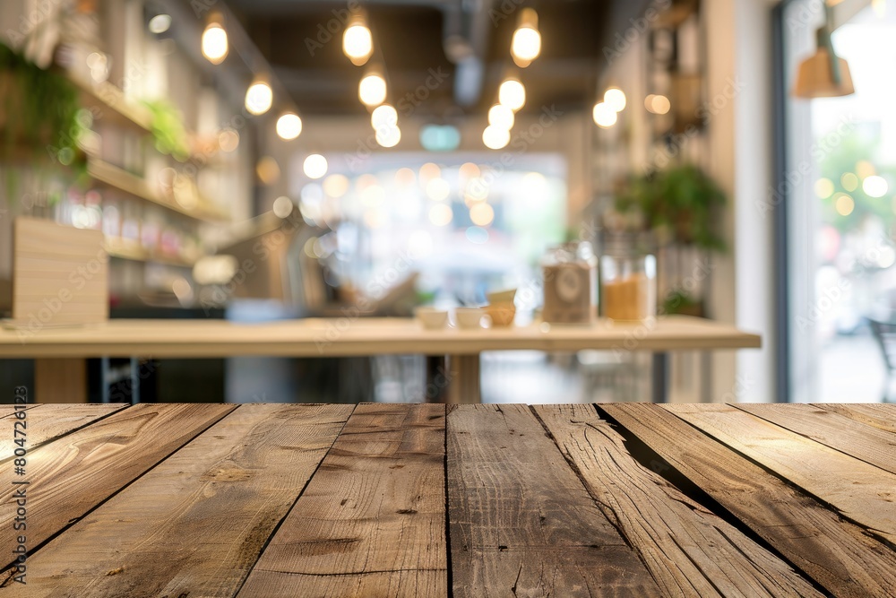 Wood table background, Shelf at cafe shop, Perspective wood over blur cafe with bokeh light background, Table for product display, Empty wooden counter in blur white room for mockup - generative ai Wood table background, Shelf at cafe shop, Perspective wood over blur cafe with bokeh light background, Table for product display, Empty wooden counter in blur white room for mockup - generative ai