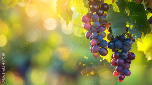A cluster of seedless grapes on vine with sunlight filtering through leaves photo
