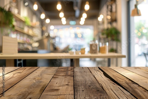 Wood table background  Shelf at cafe shop  Perspective wood over blur cafe with bokeh light background  Table for product display  Empty wooden counter in blur white room for mockup - generative ai