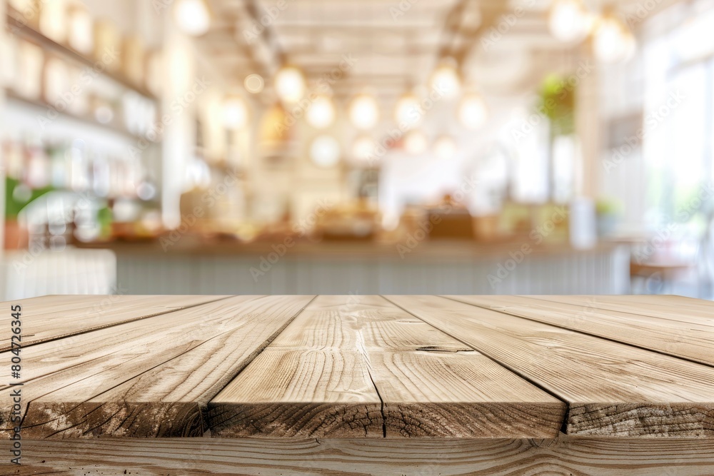 Wood table background, Shelf at cafe shop, Perspective wood over blur cafe with bokeh light background, Table for product display, Empty wooden counter in blur white room for mockup - generative ai Wood table background, Shelf at cafe shop, Perspective wood over blur cafe with bokeh light background, Table for product display, Empty wooden counter in blur white room for mockup - generative ai