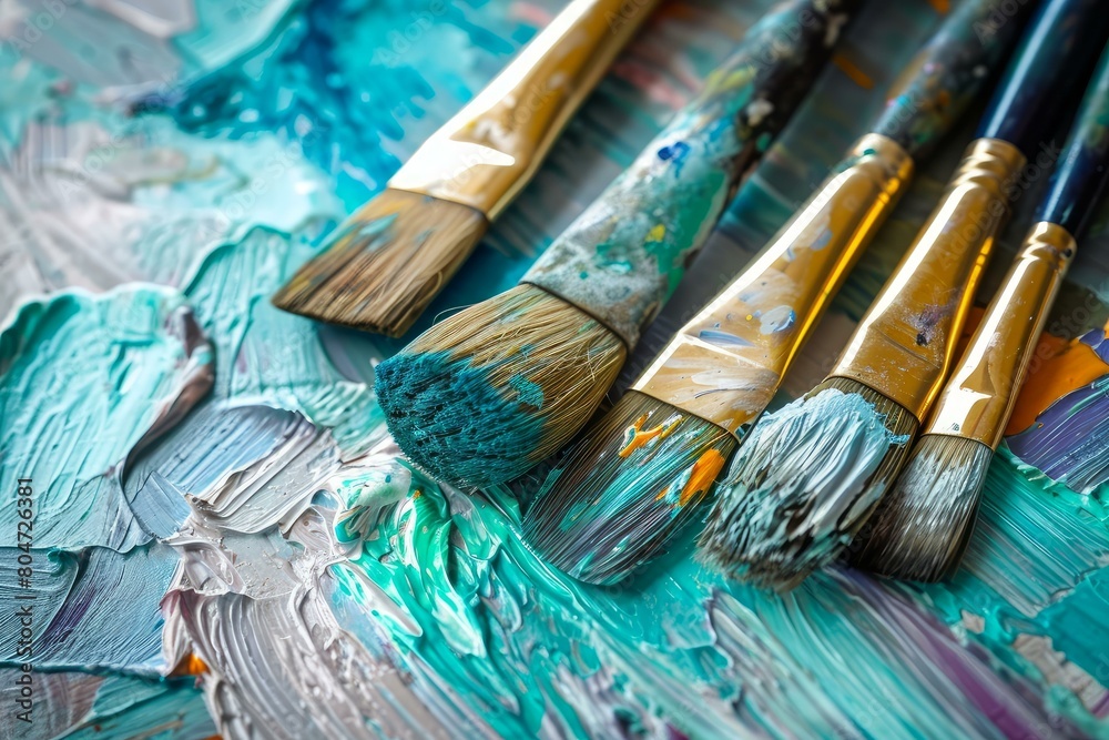 Fototapeta premium Dynamic Art multicolored splatter drawing tools. Painting brushes with colorful materials for painter work. Generate ai