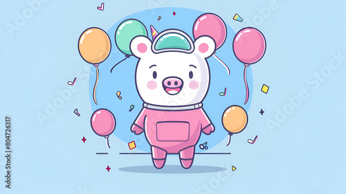 A pig in a pink space suit surrounded by balloons in a cartoon azure world