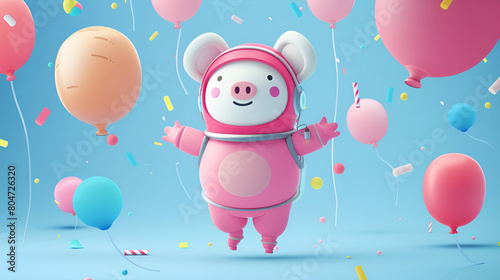 A pink pig in a space suit surrounded by balloons and confetti under azure sky