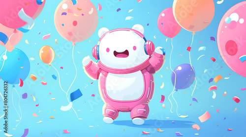 Pink teddy bear wears headphones among balloons and confetti