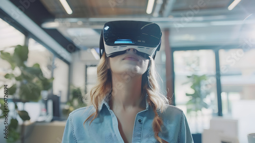 young woman using a VR headset. virtual reality glasses pointing at smth and smiling, photo