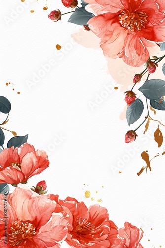 White Background With Red Flowers and Leaves
