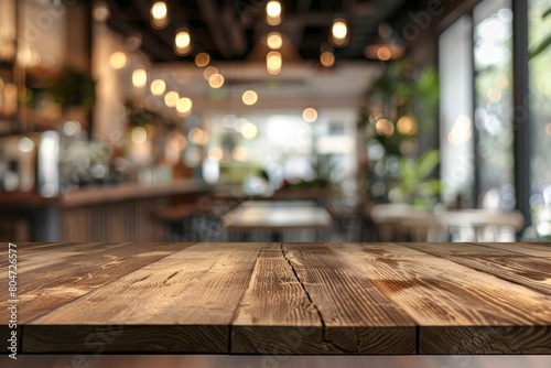 Wood table background, Shelf at cafe shop, Perspective wood over blur cafe with bokeh light background, Table for product display, Empty wooden counter in blur white room for mockup - generative ai