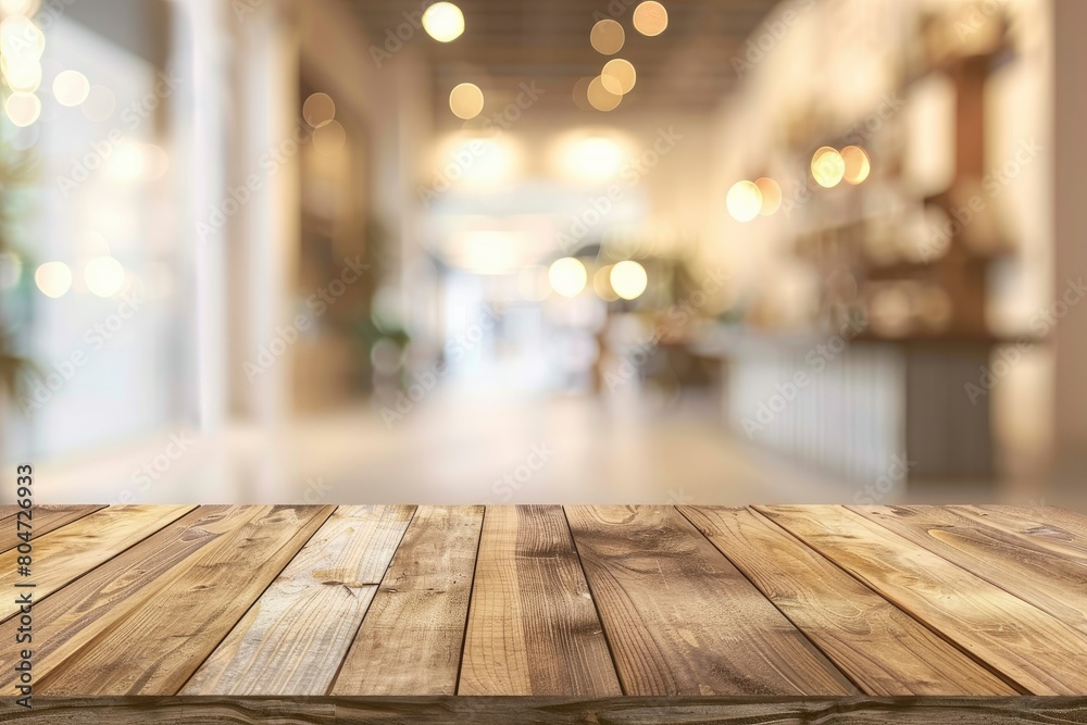 Wood table background, Shelf at cafe shop, Perspective wood over blur cafe with bokeh light background, Table for product display, Empty wooden counter in blur white room for mockup - generative ai Wood table background, Shelf at cafe shop, Perspective wood over blur cafe with bokeh light background, Table for product display, Empty wooden counter in blur white room for mockup - generative ai
