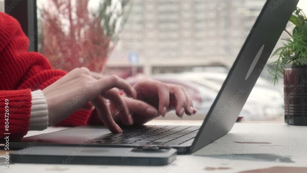 A young freelancer girl is sitting in a cafe using a laptop for remote work. A young freelancer girl is sitting in a cafe using a laptop for remote work.