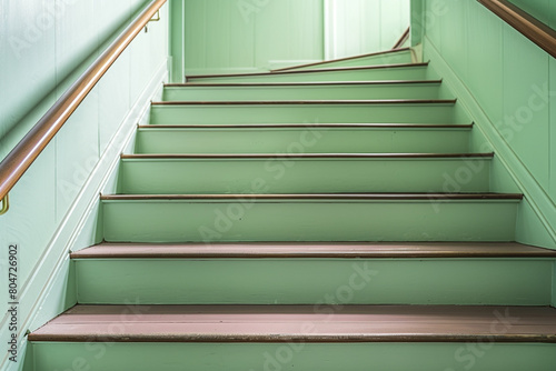 Mint green stairs with a timeless wooden handrail  fresh and light home ambiance.