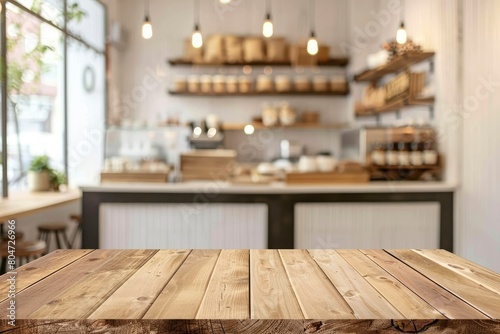 Wood table background, Shelf at cafe shop, Perspective wood over blur cafe with bokeh light background, Table for product display, Empty wooden counter in blur white room for mockup - generative ai