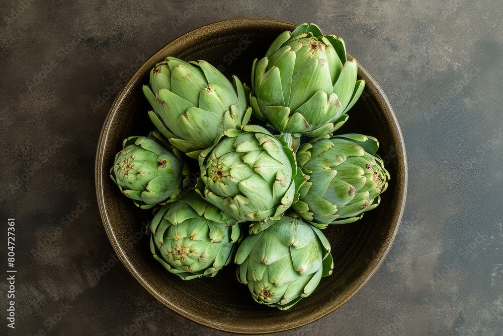 Fototapeta premium Colorful Artichokes bowl. Cooking healthy bio. Generate Ai