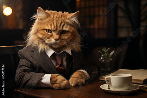 Distinguished orange tabby cat in a pinstripe suit seated at a library table with a coffee cup.