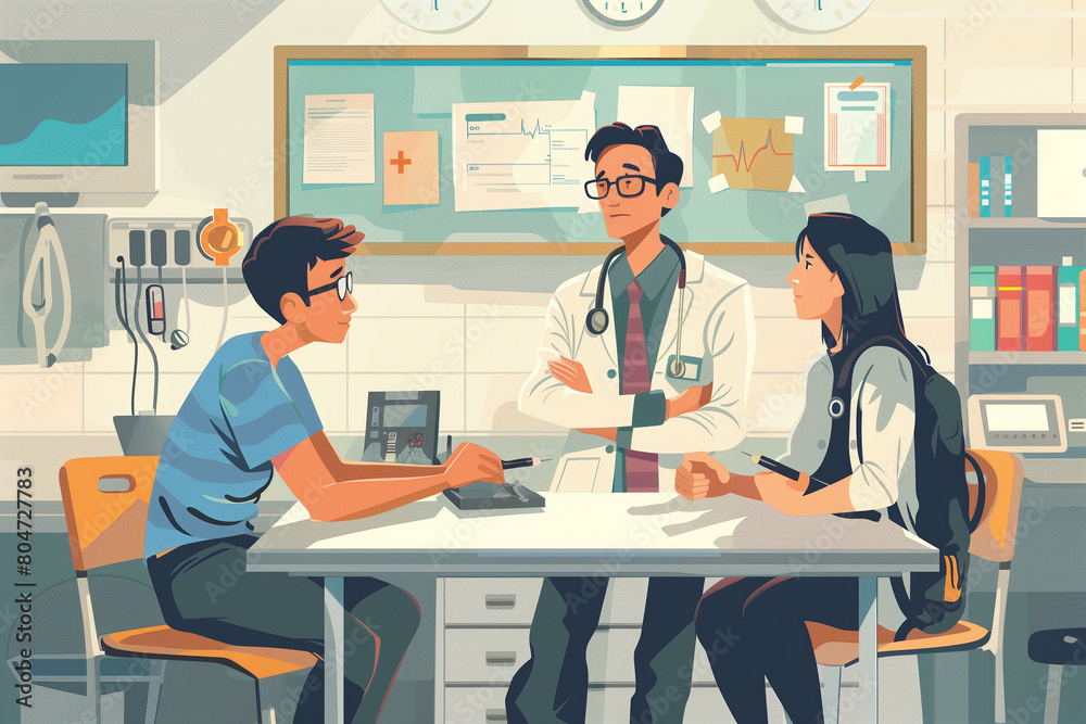 Cardiology Consultation in a Modern Clinic With a Patient and Two Health Professionals Cardiology Consultation in a Modern Clinic With a Patient and Two Health Professionals