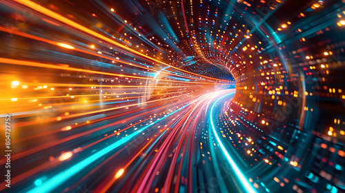 The image is vibrant, with red, orange, and blue hues dominating the scene. It appears to represent digital data or information traveling at high speed through a tunnel or pathway