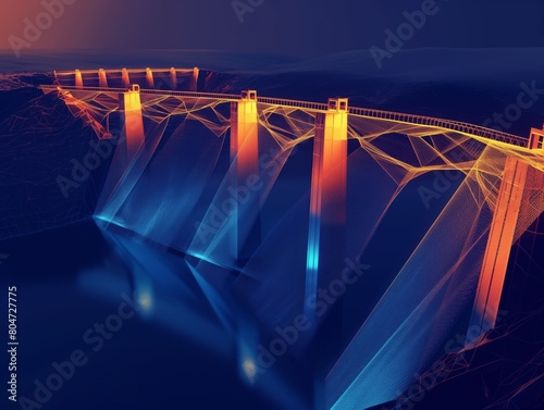Neural lowpoly AI futuristic neon network of water dam