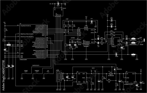 Schematic diagram of electronic device.
Vector drawing electrical circuit with 
integrated circuit, usb, microcontroller,
resistor, capacitor, other components 
on background of paper sheet.