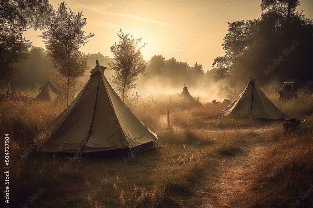A group of tents are set up in a field, with the sun setting in the background