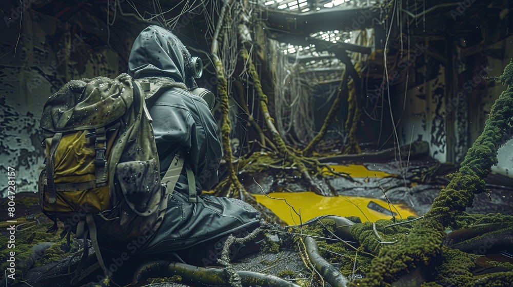 Human sits in a chemical protective suit in the corridor of a destroyed and old building