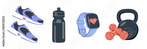 Health and Fitness Concept Cartoon Style Elements Include of Stopwatch and Hand Holding Dumbbell. Vector illustration