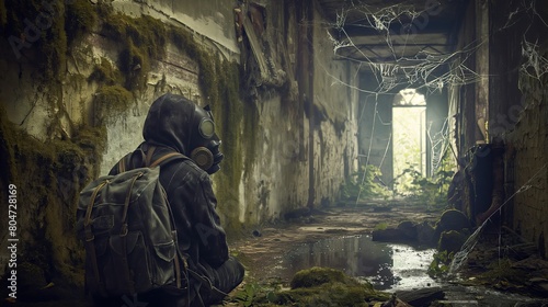 Human sits in a chemical protective suit in the corridor of a destroyed and old building