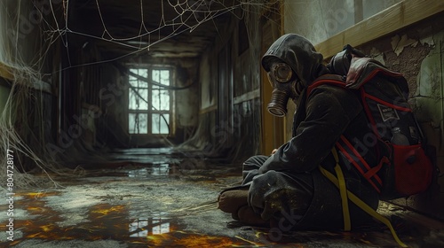Human sits in a chemical protective suit in the corridor of a destroyed and old building © Serhii