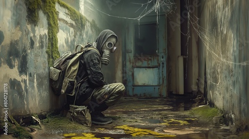 Human sits in a chemical protective suit in the corridor of a destroyed and old building
