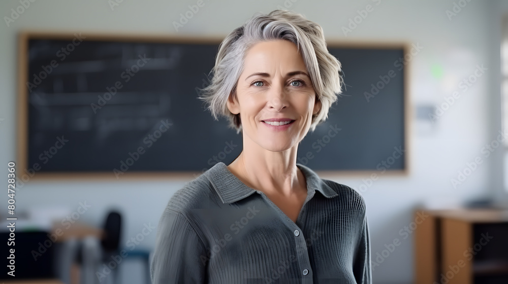 Middle age woman with grey hair preschool teacher smiling confidently standing at kindergarten Middle age woman with grey hair preschool teacher smiling confidently standing at kindergarten