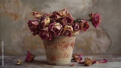 Dried flowers in a pot against the background of an old wall