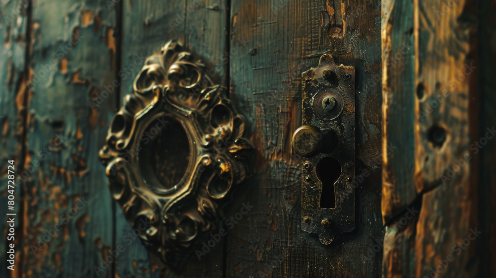 A photo of an ornate keyhole on the front door, in the style of baroque, wooden wall, close up shot, vintage look A photo of an ornate keyhole on the front door, in the style of baroque, wooden wall, close up shot, vintage look