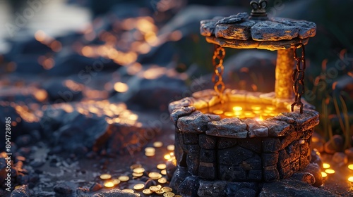 Fantasy 3D wishing well with glowing coins, gentle illumination photo