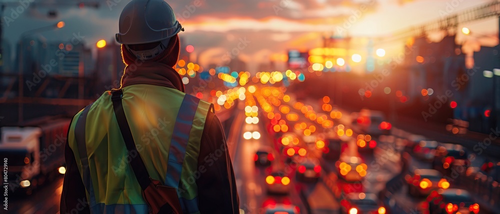Obraz premium Smart city engineer monitoring traffic, dawn light, wide shot, copy space