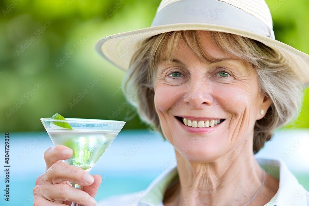 Woman drinking a cocktail in an outdoor swimming pool. Close up. Woman drinking a cocktail in an outdoor swimming pool. Close up.