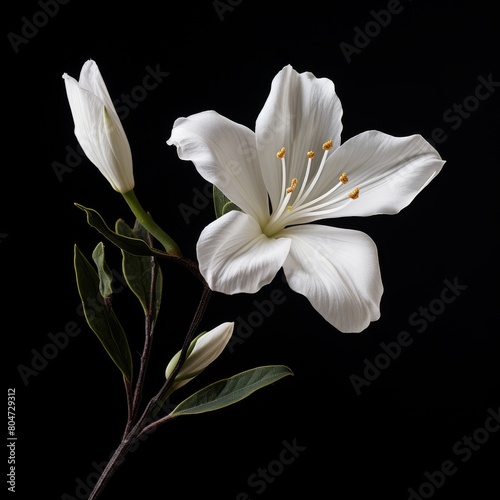 White Flower and Green Leaves on Black Background