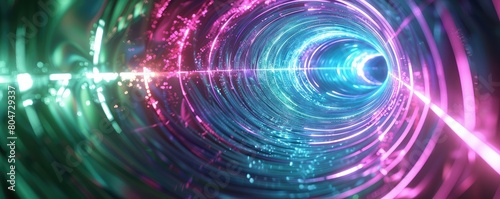 abstract digital tunnel creating a sense of speed and futuristic technology with neon lights and a glowing center.